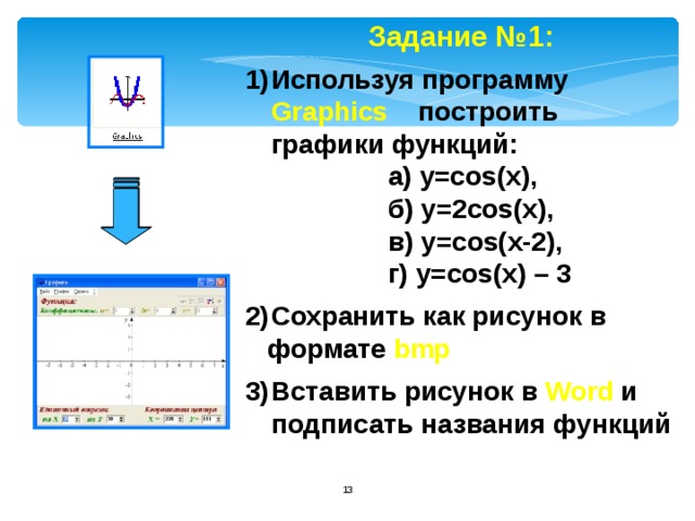 Задание №1:  Используя программу Graphics построить графики функций:  а) y=cos(x),  б) y=2cos(x),  в) y=cos(x-2),  г) y=cos(x) – 3  Сохранить как рисунок в  формате bmp  Вставить рисунок в Word и подписать названия функций   