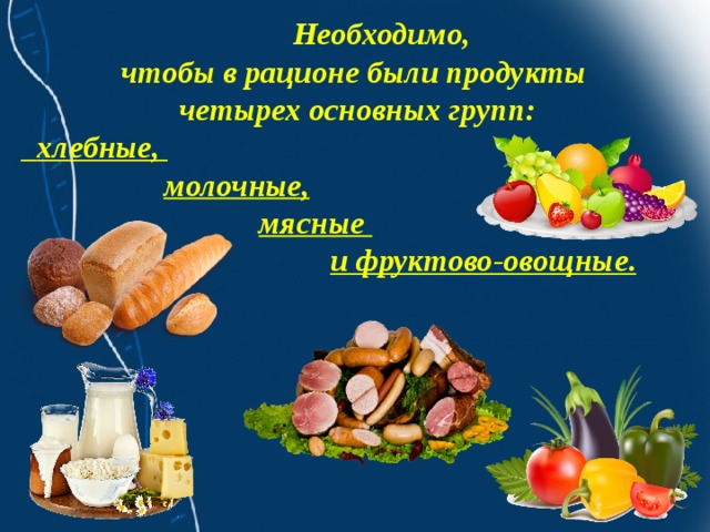  Необходимо, чтобы в рационе были продукты четырех основных групп:  хлебные,  молочные,   мясные  и фруктово-овощные . 