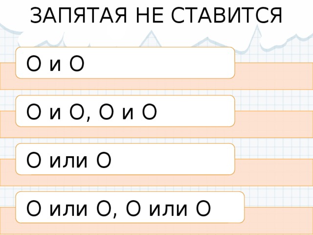 ЗАПЯТАЯ НЕ СТАВИТСЯ О и О О и О, О и О О или О О или О, О или О 