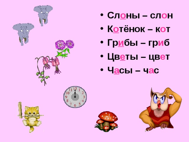 Сл о ны – сл о н К о тёнок – к о т Гр и бы – гр и б Цв е ты – цв е т Ч а сы – ч а с 