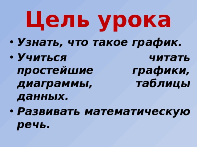 Цель урока Узнать, что такое график. Учиться читать простейшие графики, диаграммы, таблицы данных. Развивать математическую речь. 