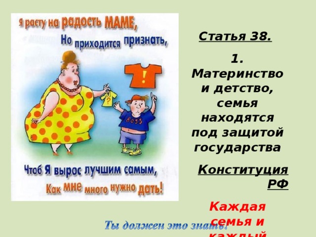 Статья 38.  1. Материнство и детство, семья находятся под защитой государства Конституция РФ Каждая семья и каждый ребенок охраняется государством 