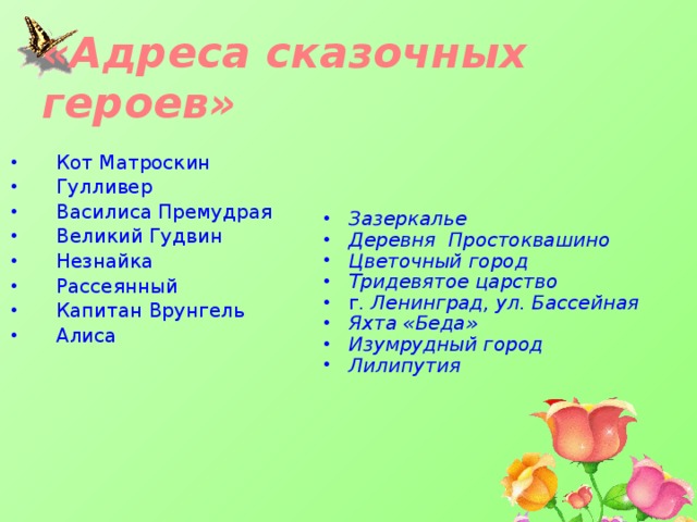 «Адреса сказочных героев» Зазеркалье Деревня Простоквашино Цветочный город Тридевятое царство г . Ленинград, ул. Бассейная Яхта «Беда» Изумрудный город Лилипутия Кот Матроскин Гулливер Василиса Премудрая Великий Гудвин Незнайка Рассеянный Капитан Врунгель Алиса  