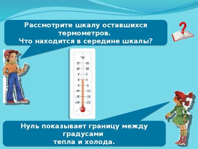 Рассмотрите шкалу оставшихся термометров. Что находится в середине шкалы? Нуль показывает границу между градусами тепла и холода. 