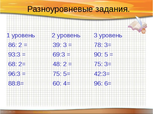Разноуровневые задания.   1 уровень 2 уровень 3 уровень  86: 2 = 39: 3 = 78: 3=  93:3 = 69:3 = 90: 5 =  68: 2= 48: 2 = 75: 3=  96:3 = 75: 5= 42:3=  88:8= 60: 4= 96: 6= 