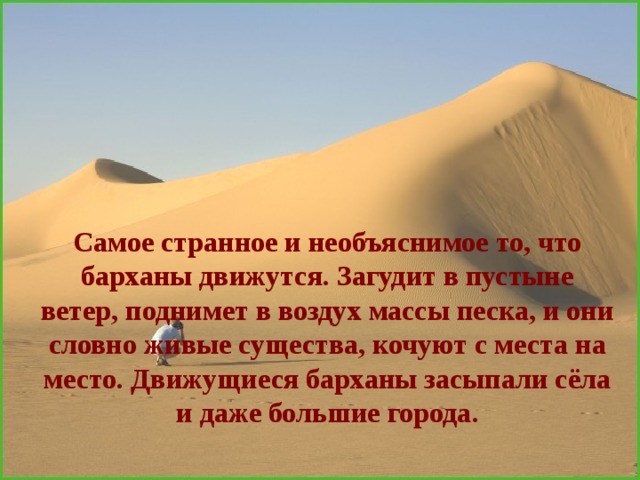 Здесь образуются подвижные скопления песка – БАРХАНЫ , возникают песчаные бури. 