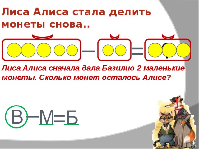 Лиса Алиса стала делить монеты снова.. _ = ? Лиса Алиса сначала дала Базилио 2 маленькие монеты. Сколько монет осталось Алисе? _ Изменилось ли распределение монет? В = М Б __ __  