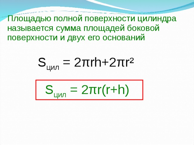 Площадью полной поверхности цилиндра называется сумма площадей боковой поверхности и двух его оснований S цил = 2 πrh+2πr²  S цил = 2πr(r+h) 