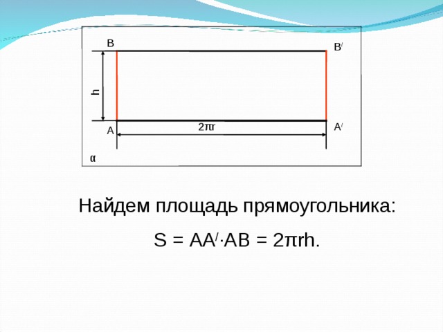 h В В / А / 2 πr А α Найдем площадь прямоугольника: S = АА / ·АВ = 2πrh. 