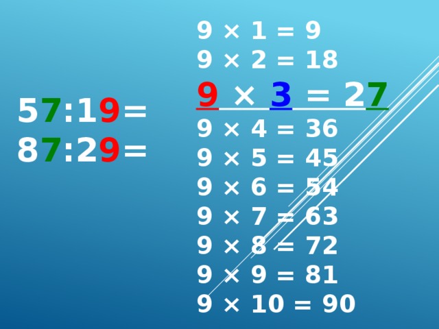 9 × 1 = 9  9 × 2 = 18  9 × 3 = 2 7  9 × 4 = 36  9 × 5 = 45  9 × 6 = 54  9 × 7 = 63  9 × 8 = 72  9 × 9 = 81  9 × 10 = 90  5 7 :1 9 = 8 7 :2 9 =    