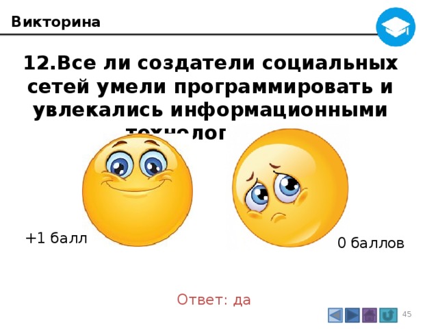 Викторина 12.Все ли создатели социальных сетей умели программировать и увлекались информационными технологиями? +1 балл 0 баллов Ответ: да 3