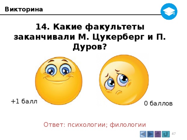 Викторина 14. Какие факультеты заканчивали М. Цукерберг и П. Дуров?  +1 балл 0 баллов Ответ: психологии; филологии 3