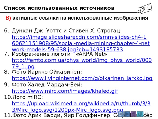 Список использованных источников  В) активные ссылки на использованные изображения Дункан Дж. Уоттс и Стивен Х. Строгац:  https://image.slidesharecdn.com/smm-slides-ch4-160621151908/95/social-media-mining-chapter-4-network-models-59-638.jpg?cb=1493185733 Изображение логотип «ARPA Net»:  http://femto.com.ua/phys_world/img_phys_world/00079_1.jpg Фото Йаркко Ойкаринен: https://www.livinginternet.com/g/oikarinen_jarkko.jpg Фото Халед Мардам-Бей:  https://www.mirc.com/images/khaled.gif Лого mIRC:  https://upload.wikimedia.org/wikipedia/ru/thumb/3/33/Mirc_logo.svg/1200px-Mirc_logo.svg.png Фото Арик Варди, Яир Голдфингер, Сефи Вигисер и Амнон Амир:  http://www.pulsopyme.com/wp-content/uploads/2016/04/Yair-Goldfinger-Arik-Vardi-Sefi-Vigiser-and-Amnon-Amir.jpg 3