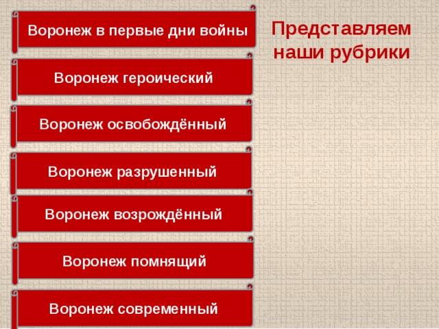 Воронеж в первые дни войны Представляем наши рубрики Воронеж героический Воронеж освобождённый Воронеж разрушенный Воронеж возрождённый Воронеж помнящий Воронеж современный