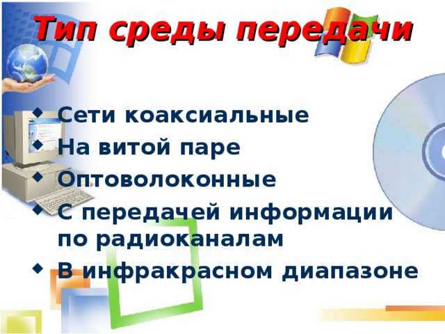 Тип среды передачи    Сети коаксиальные На витой паре Оптоволоконные С передачей информации по радиоканалам В инфракрасном диапазоне 