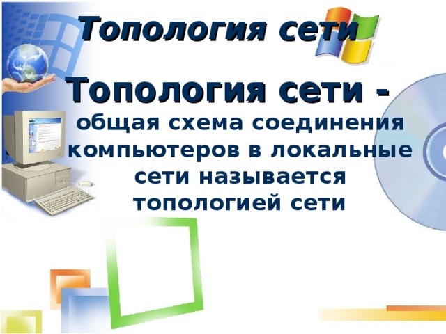 Топология сети   Топология сети -  общая схема соединения компьютеров в локальные сети называется топологией сети 