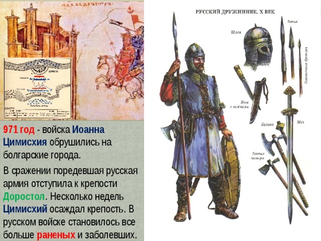 971 год - войска Иоанна Цимисхия  обрушились на болгарские города. В сражении поредевшая русская армия отступила к крепости Доростол . Несколько недель Цимисхий осаждал крепость. В русском войске становилось все больше раненых и заболевших. 