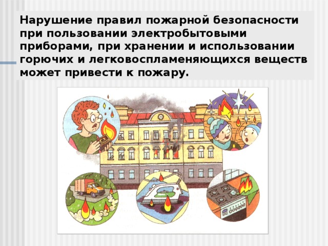 Нарушение правил пожарной безопасности при пользовании электробытовыми приборами, при хранении и использовании горючих и легковоспламеняющихся веществ может привести к пожару. 