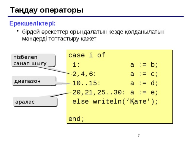 Таңдау операторы Ерекшеліктері: бірдей әрекеттер орындалатын кезде қолданылатын мәндерді топтастыру қажет бірдей әрекеттер орындалатын кезде қолданылатын мәндерді топтастыру қажет case i of  1: a := b;  2,4,6: a := c;  10..15: a := d;  20,21,25..30: a := e;  else writeln(‘Қате'); end; тізбелеп санап шығу диапазон аралас 2 2 