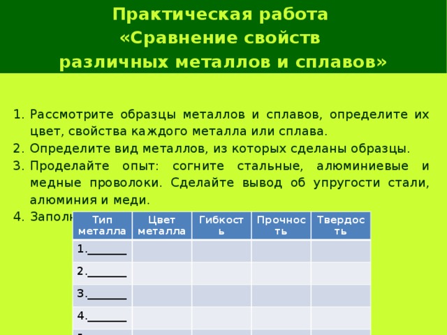 Рассмотрите образцы металлов и сплавов определите их цвет