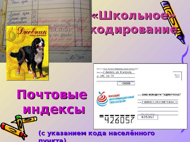 «Школьное» кодирование Почтовые индексы (с указанием кода населённого пункта) 