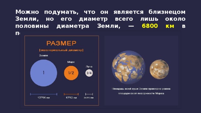 Можно подумать, что он является близнецом Земли, но его диаметр всего лишь около половины диаметра Земли, — 6800 км в поперечнике. 