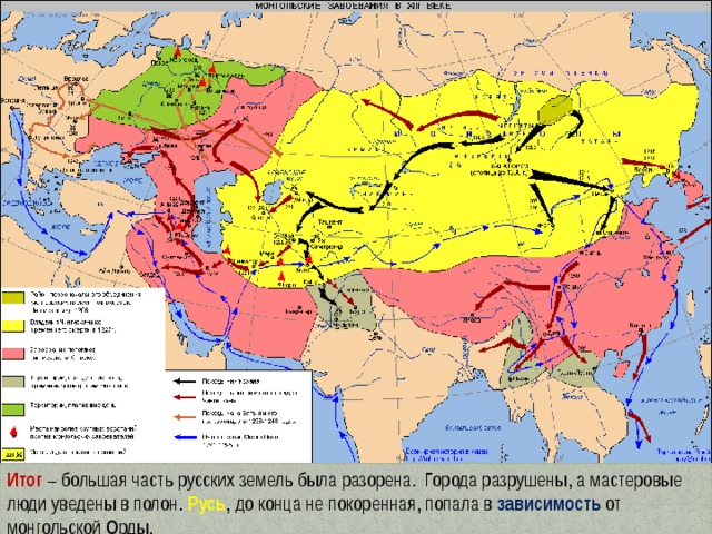 Итог – большая часть русских земель была разорена. Города разрушены, а мастеровые люди уведены в полон. Русь , до конца не покоренная, попала в зависимость от монгольской Орды. 