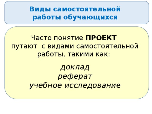 Виды самостоятельной работы обучающихся Часто понятие ПРОЕКТ  путают с видами самостоятельной работы, такими как: доклад реферат учебное исследовани е 