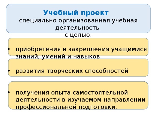 Учебный проект  специально организованная учебная деятельность с целью: приобретения и закрепления учащимися знаний, умений и навыков развития творческих способностей получения опыта самостоятельной деятельности в изучаемом направлении профессиональной подготовки. 