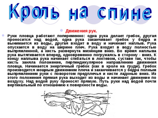 Движения рук.  Руки пловца работают попеременно: одна рука делает гребок, другая проносится над водой, одна рука заканчивает гребок у бедра и вынимается из воды, другая входит в воду и начинает наплыв. Рука опускается в воду на ширине плеч. Рука входит в воду полностью выпрямленной, а кисть развернута мизинцем вниз. Во время наплыва рука вытягивается вперед, одновременно погружаясь в сторону - вниз. К концу наплыва рука начинает сгибаться в локтевом, суставе так, чтобы кисть заняла положение, перпендикулярное направлению движения пловца. Начинается энергичный гребок (как в кроле на груди). Гребок производится мощным движением плеча и заканчивается у бедра полным выпрямлением руки с поворотом предплечья и кисти ладонью вниз. Из этого положения прямая рука выходит из воды и начинает движение по воздуху. Над водой руку проносят прямую. Путь руки над водой почти вертикальный по отношению к поверхности воды. 