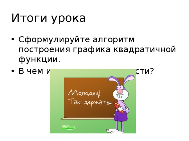 Итоги урока Сформулируйте алгоритм построения графика квадратичной функции. В чем испытывали трудности?  