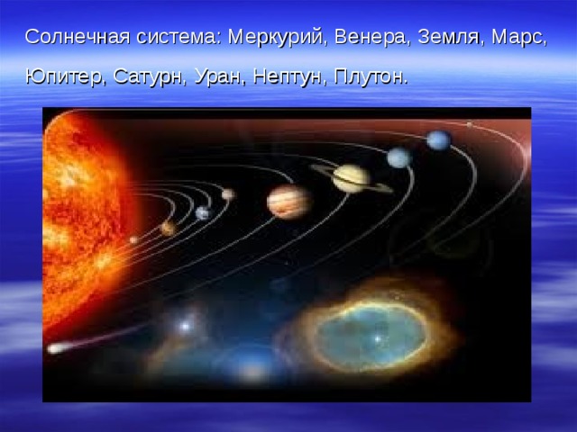 Солнечная система: Меркурий, Венера, Земля, Марс, Юпитер, Сатурн, Уран, Нептун, Плутон.   