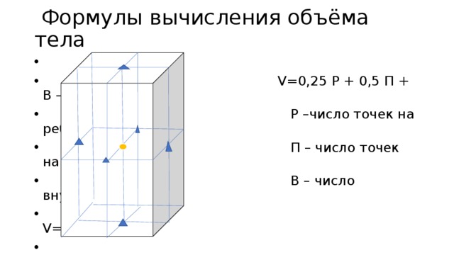  Формулы вычисления объёма тела  V=0,25 Р + 0,5 П + В – 1 (Эрдниевы)  Р –число точек на ребрах  П – число точек на плоских гранях  В – число внутренних точек  V=8  Р=20  П=6  В=1 