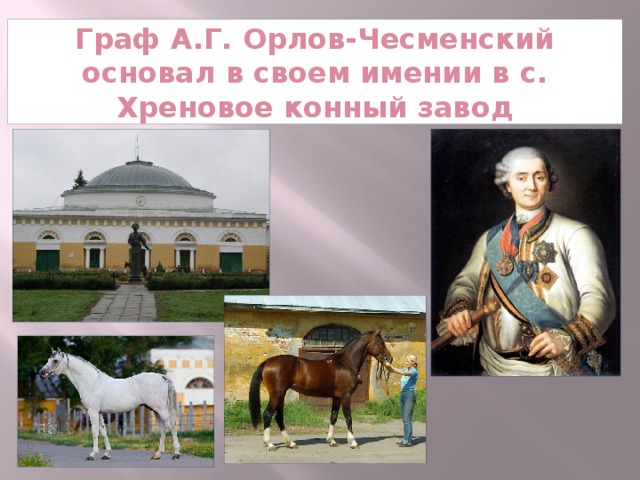 Граф А.Г. Орлов-Чесменский основал в своем имении в с. Хреновое конный завод 