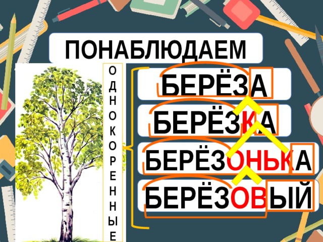 ПОНАБЛЮДАЕМ О Д Н О К О Р Е Н Н Ы Е БЕРЁЗА БЕРЁЗ К А БЕРЁЗ ОНЬК А БЕРЁЗ ОВ ЫЙ 