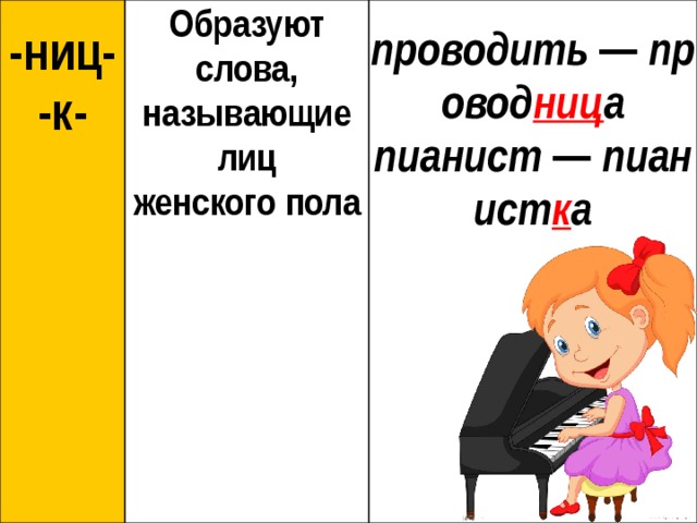   -ниц- Образуют слова, называющие лиц -к-   женского пола проводить  —  провод ниц а пианист  —  пианист к а 