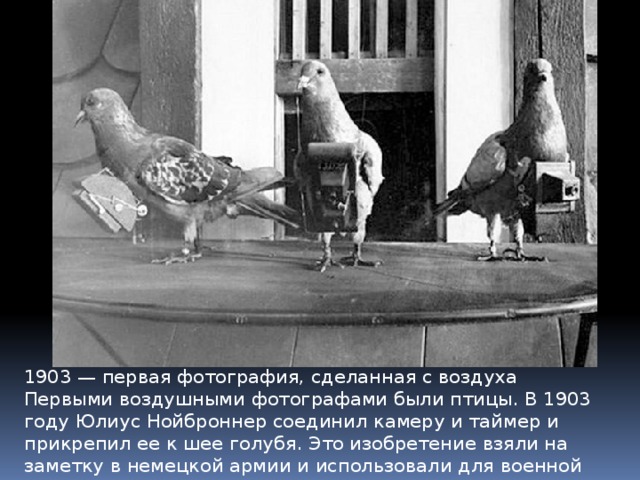 1903 — первая фотография, сделанная с воздуха Первыми воздушными фотографами были птицы. В 1903 году Юлиус Нойброннер соединил камеру и таймер и прикрепил ее к шее голубя. Это изобретение взяли на заметку в немецкой армии и использовали для военной разведки. 