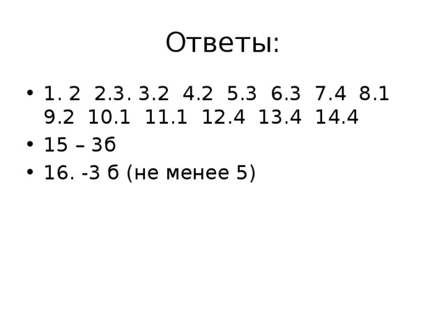 Ответы: 1. 2 2.3. 3.2 4.2 5.3 6.3 7.4 8.1 9.2 10.1 11.1 12.4 13.4 14.4 15 – 3б 16. -3 б (не менее 5) 