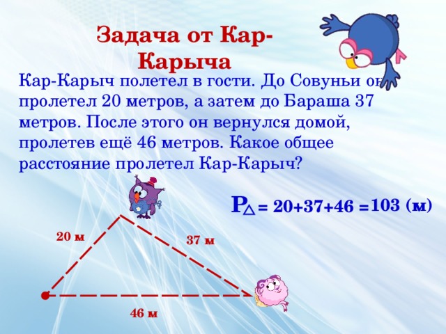 Задача от Кар-Карыча Кар-Карыч полетел в гости. До Совуньи он пролетел 20 метров, а затем до Бараша 37 метров. После этого он вернулся домой, пролетев ещё 46 метров. Какое общее расстояние пролетел Кар-Карыч? Р = 20+37+46 = 103 (м) 20 м 37 м 46 м 