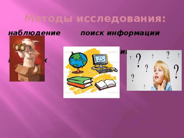 Методы исследования: наблюдение  поиск информации опрос  в книгах и интернете взрослых      