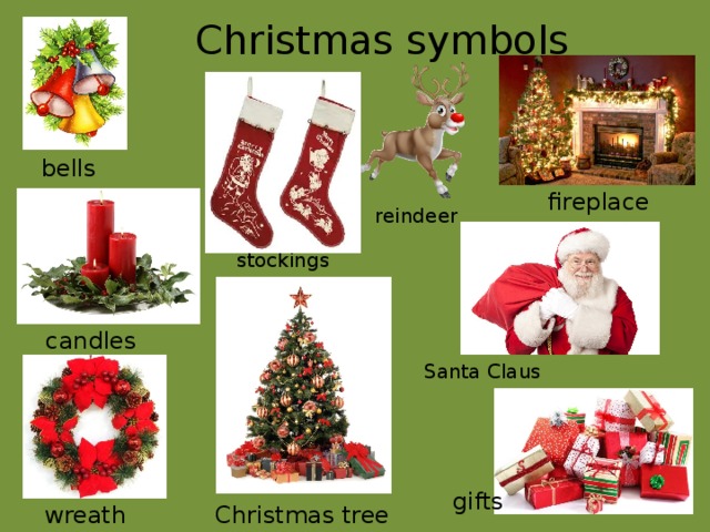 Christmas symbols bells fireplace reindeer stockings candles Santa Claus gifts Christmas tree wreath 