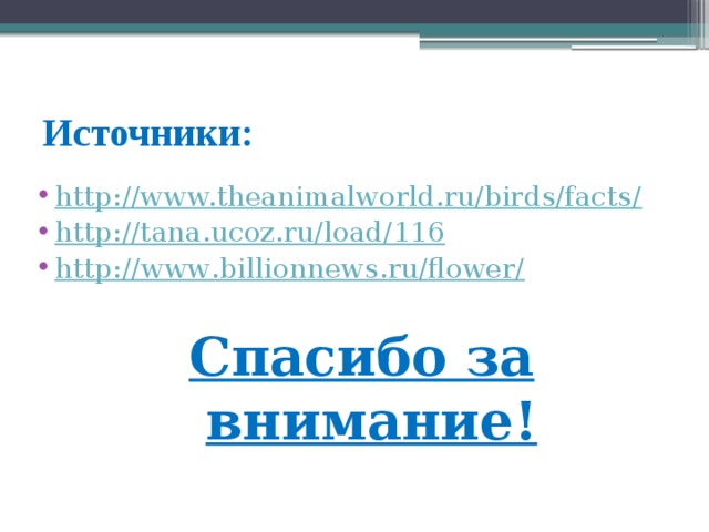 Источники: http://www.theanimalworld.ru/birds/facts/ http://tana.ucoz.ru/load/116 http :// www . billionnews . ru / flower /  Спасибо за внимание! 