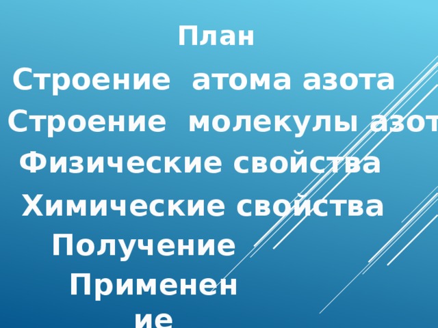 План Строение атома азота Строение молекулы азота Физические свойства Химические свойства Получение Применение 