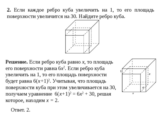 2 . Если каждое ребро куба увеличить на 1, то его площадь поверхности увеличится на 30. Найдите ребро куба. Решение.  Если ребро куба равно x , то площадь его поверхности равна 6 x 2 . Если ребро куба увеличить на 1, то его площадь поверхности будет равна  6( x + 1) 2 . Учитывая, что площадь поверхности куба при этом увеличивается на 30, получаем уравнение 6( x + 1) 2 = 6 x 2 + 30, решая которое, находим x = 2. 