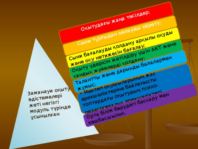 Сыни тұрғыдан ойлауды үйрету; Оқытудағы жаңа тәсілдер; Сыни бағалауды қолдану арқылы оқуды және оқу нәтижесін бағалау; Оқыту үдерісін жетілдіру үшін АКТ және сандық жүйелерді қолдану; Талантты және дарынды балалармен жұмыс; • Мектеп оқушыларының жас ерекшеліктеріне байланысты топтардағы оқытудың психо-  педагогикалық ерекшеліктері  Орта білім берудегі басқару мен көшбасшылық. Заманауи оқыту әдістемелері жеті негізгі модуль түрінде ұсынылған 