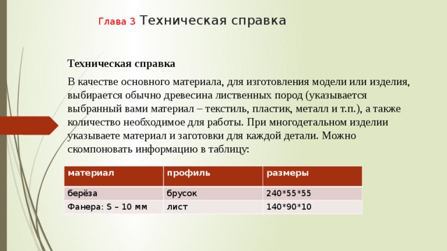 Глава 3 Техническая справка Техническая справка В качестве основного материала, для изготовления модели или изделия, выбирается обычно древесина лиственных пород (указывается выбранный вами материал – текстиль, пластик, металл и т.п.), а также количество необходимое для работы. При многодетальном изделии указываете материал и заготовки для каждой детали. Можно скомпоновать информацию в таблицу: материал берёза профиль размеры брусок Фанера: S – 10 мм 240*55*55 лист 140*90*10 