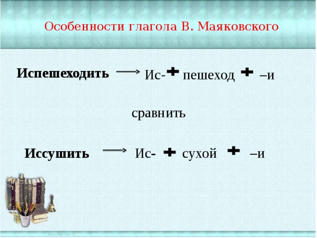 Особенности глагола В. Маяковского Испешеходить Ис- пешеход – и сравнить Иссушить Ис -  сухой – и 