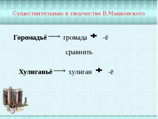 Существительные в творчестве В.Маяковского Горомадьё -ё громада сравнить Хулиганьё  -ё хулиган 