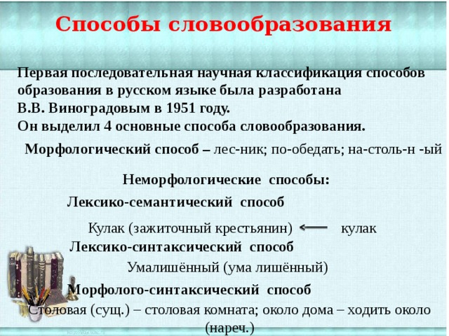 Способы словообразования Первая последовательная научная классификация способов образования в русском языке была разработана В.В. Виноградовым в 1951 году. Он выделил 4 основные способа словообразования. Морфологический способ – лес-ник; по-обедать; на-столь-н -ый Неморфологические способы: Лексико-семантический   способ Кулак (зажиточный крестьянин) кулак  Лексико-синтаксический  способ Умалишённый (ума лишённый) Морфолого-синтаксический  способ Столовая (сущ.) – столовая комната; около дома – ходить около (нареч.) 