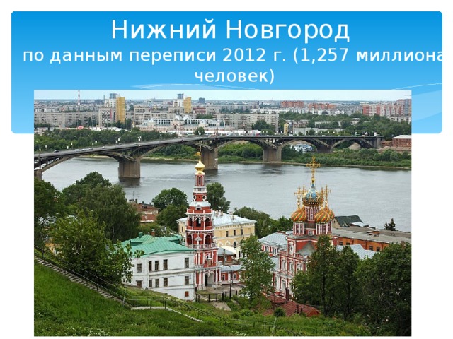 Нижний Новгород  по данным переписи 2012 г. (1,257 миллиона человек) 